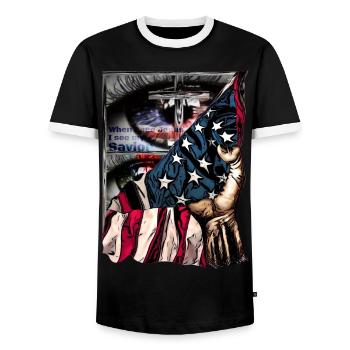 Conception pour les employés de l’église à l’américaine - T-shirt contrasté Homme - noir/blanc - Devant - AI Model Female 172 light (172cm) & AI Model Male 178 light (178cm)