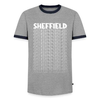 Sheffield England UK City Font Skyline Home - Men's Ringer Shirt - grey/navy  - Front - AI Model Female 172 light (172cm) & AI Model Male 178 light (178cm)