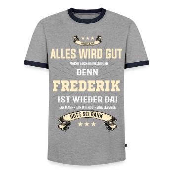 Alles wird gut denn Frederik Ist da T-Shirt - Männer Kontrast-T-Shirt - Grau/Navy  - Vorne - AI Model Female 172 light (172cm) & AI Model Male 178 light (178cm)