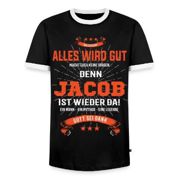 Alles wird gut denn Jacob Ist da T-Shirt - Männer Kontrast-T-Shirt - Schwarz/Weiß - Vorne - AI Model Female 172 light (172cm) & AI Model Male 178 light (178cm)