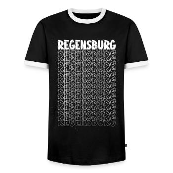 Regensburg Germany City Font Skyline - Men's Ringer Shirt - black/white - Front - AI Model Female 172 light (172cm) & AI Model Male 178 light (178cm)