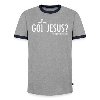 Tu as Jésus? - T-shirt contrasté Homme - gris/marine  - Devant - AI Model Female 172 light (172cm) & AI Model Male 178 light (178cm)