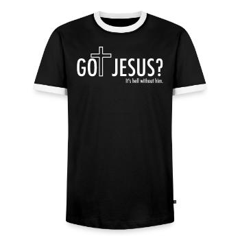 Got Jesus? - Men's Ringer Shirt - black/white - Front - AI Model Female 172 light (172cm) & AI Model Male 178 light (178cm)