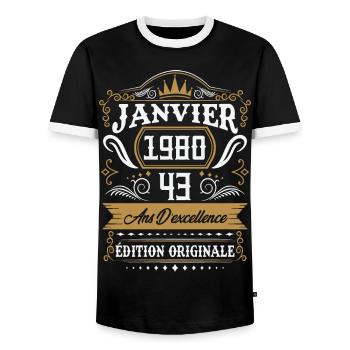 Janvier 1980 43 Ans Rétro Cadeau D'anniversaire - T-shirt contrasté Homme - noir/blanc - Devant - AI Model Female 172 light (172cm) & AI Model Male 178 light (178cm)