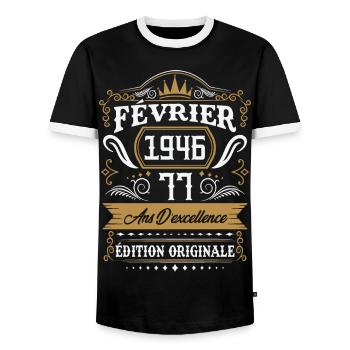 Février 1946 77 Ans Rétro Cadeau D'anniversaire - T-shirt contrasté Homme - noir/blanc - Devant - AI Model Female 172 light (172cm) & AI Model Male 178 light (178cm)