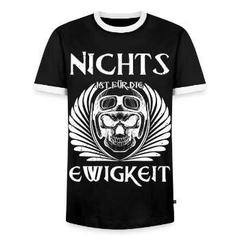 Nichts ist für die Ewigkeit - Männer Kontrast-T-Shirt - Schwarz/Weiß - Vorne - AI Model Female 172 light (172cm) & AI Model Male 178 light (178cm)