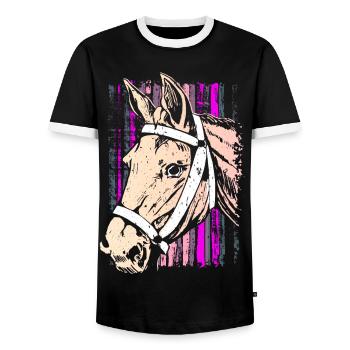 Equitation - cavalier - école d'équitation - tête de cheval rose - T-shirt contrasté Homme - noir/blanc - Devant - AI Model Female 172 light (172cm) & AI Model Male 178 light (178cm)