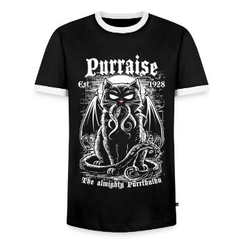 Purraise the almighty Purrthulhu! - Men's Ringer Shirt - black/white - Front - AI Model Female 172 light (172cm) & AI Model Male 178 light (178cm)