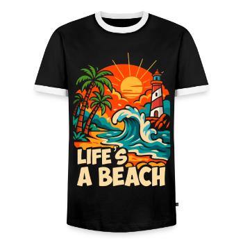 Life's a Beach Tropical Beach Illustration - Men's Ringer Shirt - black/white - Front - AI Model Female 172 light (172cm) & AI Model Male 178 light (178cm)