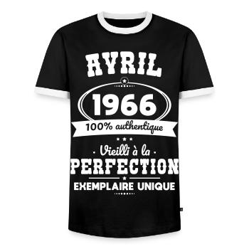 60th Anniversary - April 1966 Perfection - Men's Ringer Shirt - black/white - Front - AI Model Female 172 light (172cm) & AI Model Male 178 light (178cm)