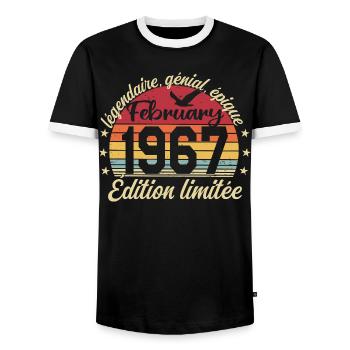 February 1967 Birthday February 1967 Retro 1967 - Men's Ringer Shirt - black/white - Front - AI Model Female 172 light (172cm) & AI Model Male 178 light (178cm)