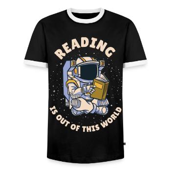 Reading is out of this world - Men's Ringer Shirt - black/white - Front - AI Model Female 172 light (172cm) & AI Model Male 178 light (178cm)