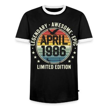 Limited Edition April 1986 - Vintage Design 1986 - Men's Ringer Shirt - black/white - Front - AI Model Female 172 light (172cm) & AI Model Male 178 light (178cm)