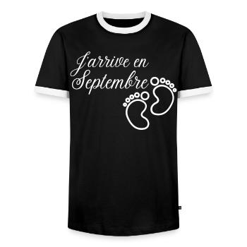 J' arrive en Septembre cadeau naissance futur bébé - T-shirt contrasté Homme - noir/blanc - Devant - AI Model Female 172 light (172cm) & AI Model Male 178 light (178cm)