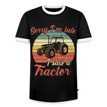 Désolé d’être en retard - j’ai vu un tracteur / Traktor - T-shirt contrasté Homme - noir/blanc - Devant - AI Model Female 172 light (172cm) & AI Model Male 178 light (178cm)