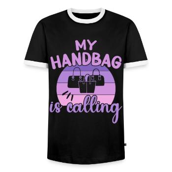 My Handbag is Calling / Handbag Shopping - Männer Kontrast-T-Shirt - Schwarz/Weiß - Vorne - AI Model Female 172 light (172cm) & AI Model Male 178 light (178cm)