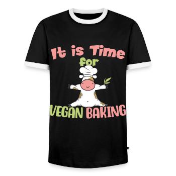 Il est temps pour la cuisson végétalienne! - T-shirt contrasté Homme - noir/blanc - Devant - AI Model Female 172 light (172cm) & AI Model Male 178 light (178cm)