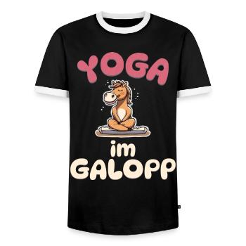 Yoga im Galopp - Pferde Yoga - Männer Kontrast-T-Shirt - Schwarz/Weiß - Vorne - AI Model Female 172 light (172cm) & AI Model Male 178 light (178cm)