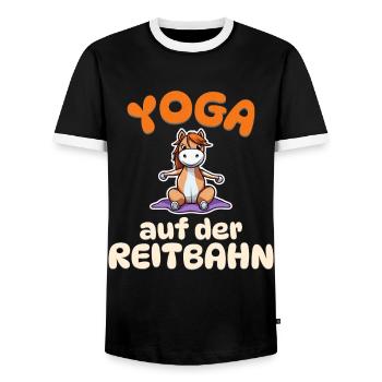 Yoga auf der Reitbahn - Pferde Yoga - Männer Kontrast-T-Shirt - Schwarz/Weiß - Vorne - AI Model Female 172 light (172cm) & AI Model Male 178 light (178cm)