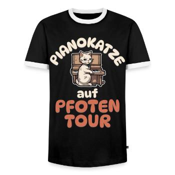 Pianokatze auf Pfotentour - Katzen Klavier - Männer Kontrast-T-Shirt - Schwarz/Weiß - Vorne - AI Model Female 172 light (172cm) & AI Model Male 178 light (178cm)