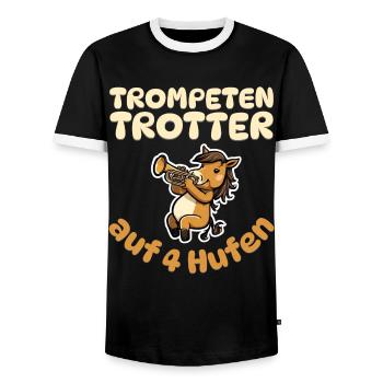 Trompetentrotter auf 4 Hufen - Pferd Trompete - Männer Kontrast-T-Shirt - Schwarz/Weiß - Vorne - AI Model Female 172 light (172cm) & AI Model Male 178 light (178cm)