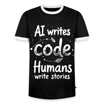 AI Writes Code - Humans Write Stories - Men's Ringer Shirt - black/white - Front - AI Model Female 172 light (172cm) & AI Model Male 178 light (178cm)