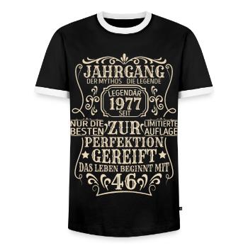 Geburtstagsgeschenk Geboren 1977 46 Jahre - Männer Kontrast-T-Shirt - Schwarz/Weiß - Vorne - AI Model Female 172 light (172cm) & AI Model Male 178 light (178cm)