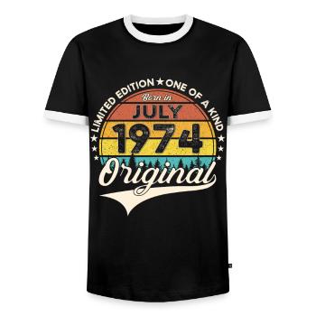 49th Birthday Man Born In July Born 1974 - Men's Ringer Shirt - black/white - Front - AI Model Female 172 light (172cm) & AI Model Male 178 light (178cm)