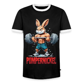 Pumpernickel - Karnickel beim Krafttraining - Männer Kontrast-T-Shirt - Schwarz/Weiß - Vorne - AI Model Female 172 light (172cm) & AI Model Male 178 light (178cm)