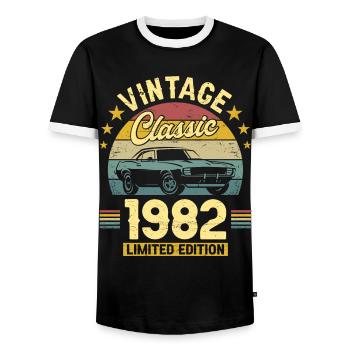 Vintage 1982 Original Anniversary 40 Years - Men's Ringer Shirt - black/white - Front - AI Model Female 172 light (172cm) & AI Model Male 178 light (178cm)