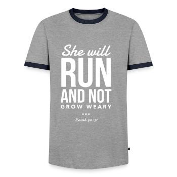 Christliches Design Bibelverslauf Nicht müde werden - Männer Kontrast-T-Shirt - Grau/Navy  - Vorne - AI Model Female 172 light (172cm) & AI Model Male 178 light (178cm)