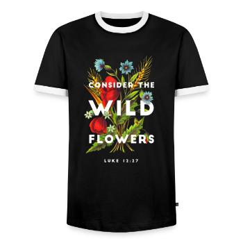 Do Not Worry Wildflowers Bible Verse / Christian - Men's Ringer Shirt - black/white - Front - AI Model Female 172 light (172cm) & AI Model Male 178 light (178cm)