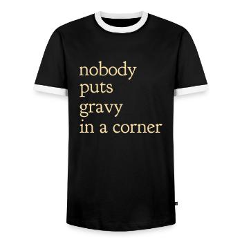 Nobody Puts Gravy In a Corner / Funny - Men's Ringer Shirt - black/white - Front - AI Model Female 172 light (172cm) & AI Model Male 178 light (178cm)
