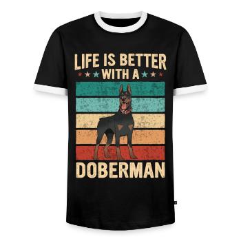 Doberman Pinscher Chien - T-shirt contrasté Homme - noir/blanc - Devant - AI Model Female 172 light (172cm) & AI Model Male 178 light (178cm)