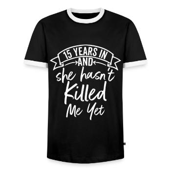 15 Years Wedding Funny Couples 15th Anniversary - Men's Ringer Shirt - black/white - Front - AI Model Female 172 light (172cm) & AI Model Male 178 light (178cm)