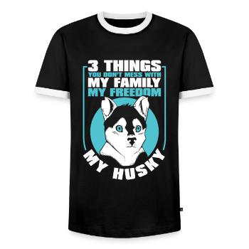 Siberian Husky Hund - Männer Kontrast-T-Shirt - Schwarz/Weiß - Vorne - AI Model Female 172 light (172cm) & AI Model Male 178 light (178cm)