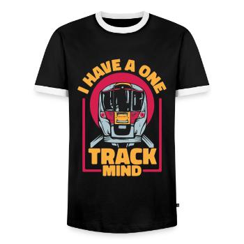 Train Trains Locomotive Railway Trainspotter - Men's Ringer Shirt - black/white - Front - AI Model Female 172 light (172cm) & AI Model Male 178 light (178cm)