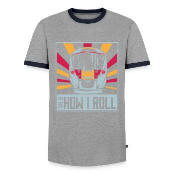 Train Trains Locomotive Railway Trainspotter - Men's Ringer Shirt - grey/navy  - Front - AI Model Female 172 light (172cm) & AI Model Male 178 light (178cm)