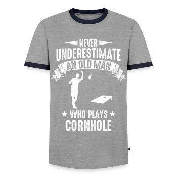 Cornhole Bean Bag Cornhole Joueur - T-shirt contrasté Homme - gris/marine  - Devant - AI Model Female 172 light (172cm) & AI Model Male 178 light (178cm)