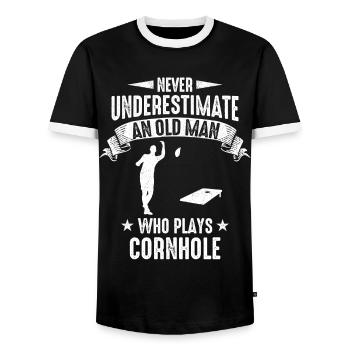 Cornhole Bean Bag Cornhole Spieler - Männer Kontrast-T-Shirt - Schwarz/Weiß - Vorne - AI Model Female 172 light (172cm) & AI Model Male 178 light (178cm)
