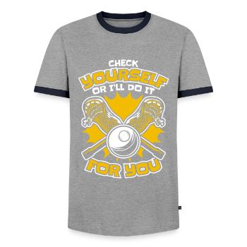 Sports de crosse Joueurs de crosse - T-shirt contrasté Homme - gris/marine  - Devant - AI Model Female 172 light (172cm) & AI Model Male 178 light (178cm)