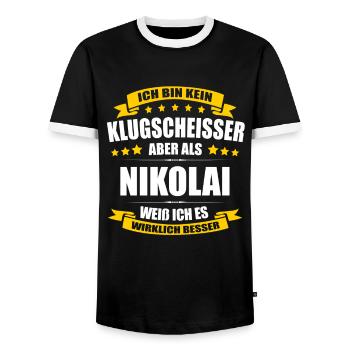 Name Nikolai Vorname Klugscheisser Namenstag - Männer Kontrast-T-Shirt - Schwarz/Weiß - Vorne - AI Model Female 172 light (172cm) & AI Model Male 178 light (178cm)