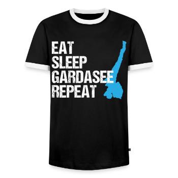 Eat, Sleep, Lake Garda – The Life Cycle - Men's Ringer Shirt - black/white - Front - AI Model Female 172 light (172cm) & AI Model Male 178 light (178cm)