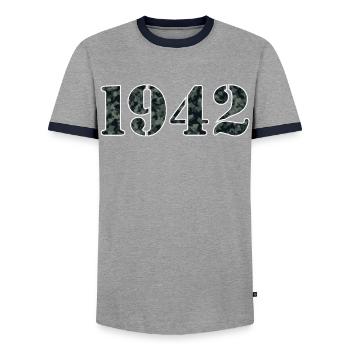 Military Optics 1942 Vintage Birth Year Gift - Men's Ringer Shirt - grey/navy  - Front - AI Model Female 172 light (172cm) & AI Model Male 178 light (178cm)