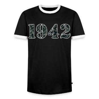 Military Optics 1942 Vintage Birth Year Gift - Men's Ringer Shirt - black/white - Front - AI Model Female 172 light (172cm) & AI Model Male 178 light (178cm)