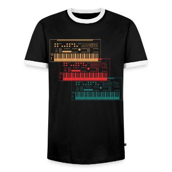 Trio of Synthesizers Music Lover Gift - Men's Ringer Shirt - black/white - Front - AI Model Female 172 light (172cm) & AI Model Male 178 light (178cm)