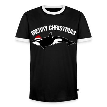 Merry Christmas Whale Santa Hat Festive - Men's Ringer Shirt - black/white - Front - AI Model Female 172 light (172cm) & AI Model Male 178 light (178cm)