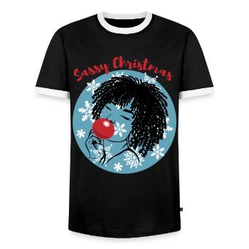 Sassy Christmas Afrolook Snowflakes - Men's Ringer Shirt - black/white - Front - AI Model Female 172 light (172cm) & AI Model Male 178 light (178cm)