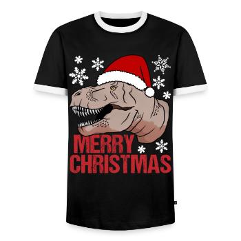 T-Rex Weihnachtsglück Urzeitlicher Festspaß - Männer Kontrast-T-Shirt - Schwarz/Weiß - Vorne - AI Model Female 172 light (172cm) & AI Model Male 178 light (178cm)
