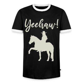Yeehaw! Western riding full of joie de vivre - Men's Ringer Shirt - black/white - Front - AI Model Female 172 light (172cm) & AI Model Male 178 light (178cm)